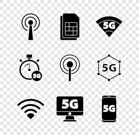 Set Antenna, Sim card, 5G network, Wi-Fi wireless, Monitor with, Mobile, Digital Illustrazione stock