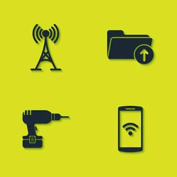 Set Antenna, Smartphone with wireless, Drill machine and Download arrow folder Stock Illustration