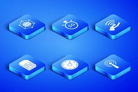 Set Antenna, Social network, Digital speed meter 5G, Sim card, and icon. Vector Stock Illustration