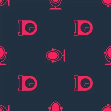 Set Antique clock and Round makeup mirror on seamless pattern. Vector Stock Illustration