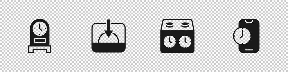Set Antique clock, Sunset, Time chess and Alarm app mobile icon. Vector Stock Illustration