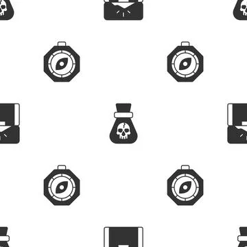 Set Antique treasure chest, Pirate coin and Compass on seamless pattern. Vector Stock Illustration