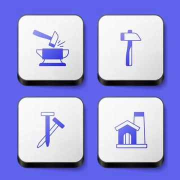 Set Anvil and hammer, Hammer, Metallic nails and Smithy workshop interior icon Stock Illustration