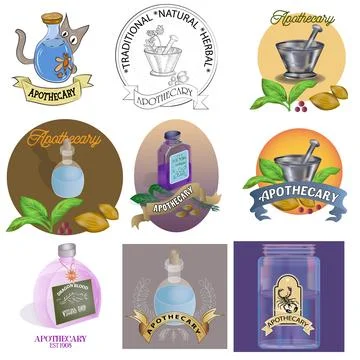 A Set of Apothecary Sign and Vector Illustration Stock Illustration