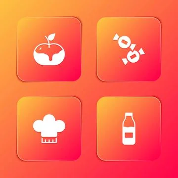 Set Apple in caramel, Candy, Chef hat and Bottle with milk icon. Vector Stock Illustration