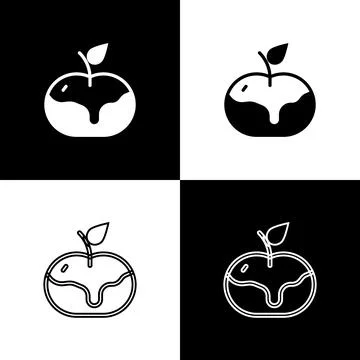 Set Apple in caramel icon isolated on black and white background. Vector Illustrazione stock