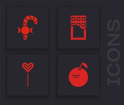 Set Apple, Christmas candy cane, Chocolate bar and Lollipop icon. Vector Stock Illustration