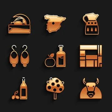 Set Apple cider bottle, Orange tree, Bull, House Edificio Mirador, Bottle of 스톡 일러스트