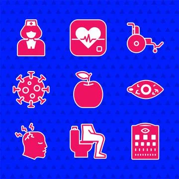 Set Apple, Constipation, Eye test chart, Reddish eye, Man having headache, Virus Illustrazione stock
