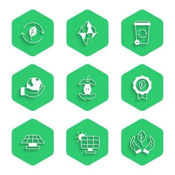 Set Apple core, Solar energy panel, Leaf in hand, Eco symbol, Hand holding Earth Stock Illustration