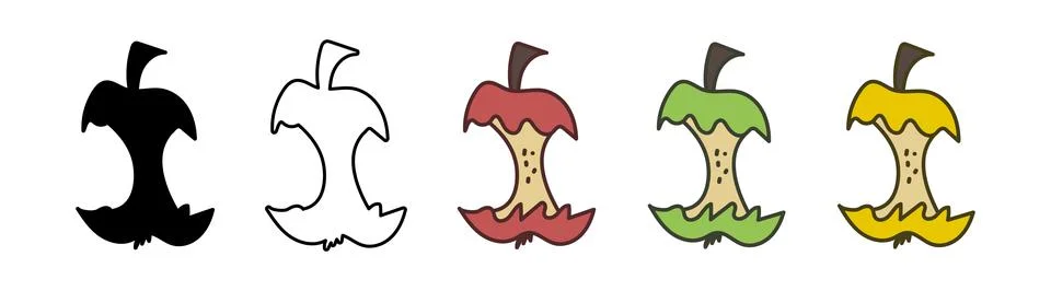 Set of Apple Cores in Different Styles Black Silhouette, Outline, Colored Stock Illustration