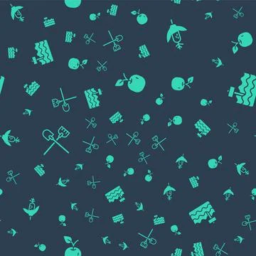 Set Apple, Corn, Shovel and Garden bed on seamless pattern. Vector Stock Illustration