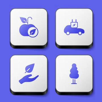 Set Apple, Electric car, Leaf in hand and Tree icon. White square button. Vector Stock Illustration