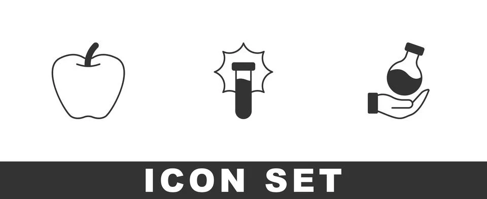 Set Apple, Explosion in the flask and Test tube icon. Vector Stock Illustration