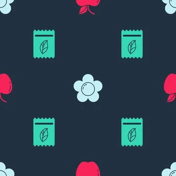 Set Apple, Flower and Pack full of seeds of plant on seamless pattern. Vector Stock Illustration