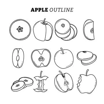 Set of apple fruit kit outline collection with line art style, whole apple,.. Stock Illustration