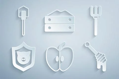 Set Apple, Garden pitchfork, Shield with pig, Honey dipper stick, Bag of fl.. Stock Illustration