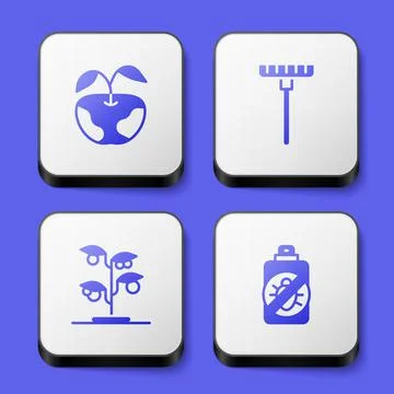 Set Apple, Garden rake, Sprout and Spray against insects icon. White square Stock Illustration