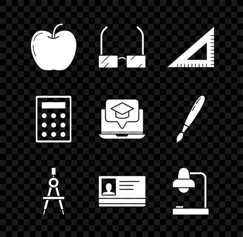 Set Apple, Glasses, Triangular ruler, Drawing compass, Identification badge 스톡 일러스트