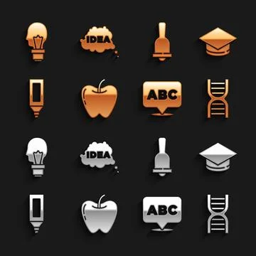 Set Apple, Graduation cap, DNA symbol, Alphabet, Marker pen, Ringing bell, Light Stock Illustration