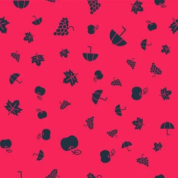 Set Apple, Grape fruit, Leaf or leaves and Umbrella on seamless pattern. Vector Illustrazione stock