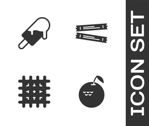 Set Apple, Ice cream, Cracker biscuit and Sugar stick packets icon. Vector Stock Illustration
