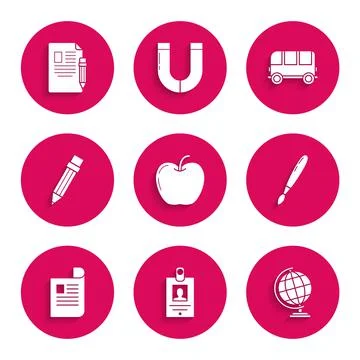 Set Apple, Identification badge, Earth globe, Paint brush, Document, Pencil w Stock Illustration