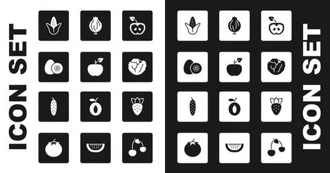 Set Apple, Kiwi fruit, Corn, Cabbage, Garlic, Strawberry and Cucumber icon. V Illustrazione stock