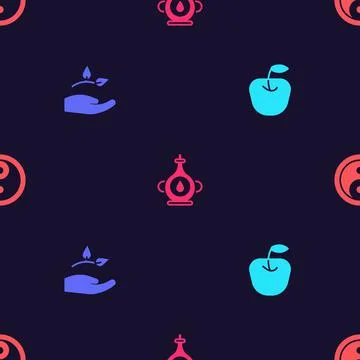 Set Apple, Leaf in hand, Oil bottle and Yin Yang on seamless pattern. Vector Illustrazione stock