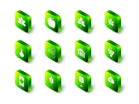 Set Apple, Leaf or leaves, Grape fruit, Farm house, Tree and icon. Vector Illustrazione stock