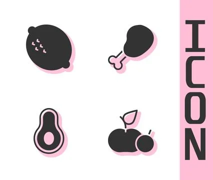 Set Apple, Lemon, Avocado fruit and Chicken leg icon. Vector Stock Illustration