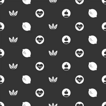 Set Apple, Lemon, Leaf and Heart rate on seamless pattern. Vector Stock Illustration