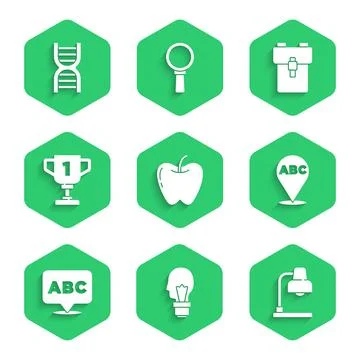 Set Apple, Light bulb with concept of idea, Table lamp, Alphabet, Award cup Stock Illustration