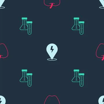 Set Apple, Lightning bolt and Test tube on seamless pattern. Vector Illustrazione stock