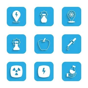 Set Apple, Lightning bolt, Test tube, Pipette, Radioactive, Explosion the flask Stock Illustration