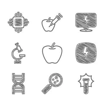 Set Apple, Microorganisms under magnifier, Explosion in the flask, Lightning Stock Illustration