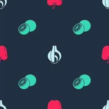 Set Apple, Onion and Orange fruit on seamless pattern. Vector イラスト素材