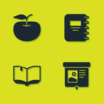 Set Apple, Projection screen, Open book and Notebook icon. Vector Stock Illustration