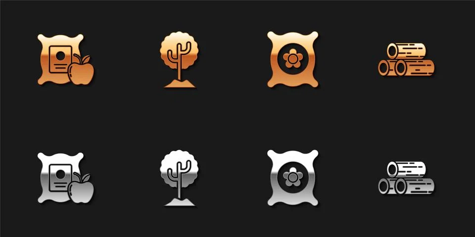 Set Apple in the sack, Tree, Pack full of seeds of plant and Wooden logs icon Illustrazione stock