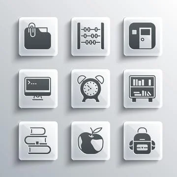 Set Apple School backpack Shelf with books Alarm clock Book Computer monitor  イラスト素材