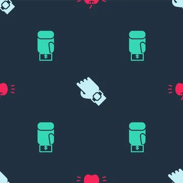 Set Apple, Smart watch on hand and Boxing glove on seamless pattern. Vector Stock Illustration