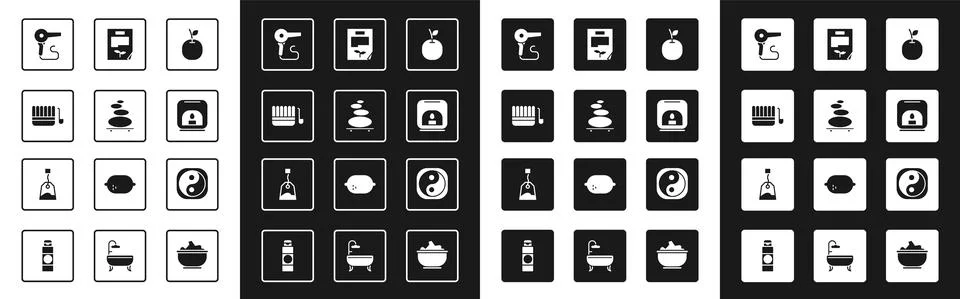 Set Apple, Stack hot stones, Sauna bucket and ladle, Hair dryer, Aroma lamp Stock-Illustration