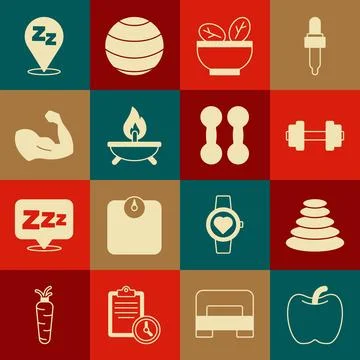 Set Apple, Stack hot stones, Dumbbell, Salad in bowl, Aroma candle, Bodybuilder イラスト素材