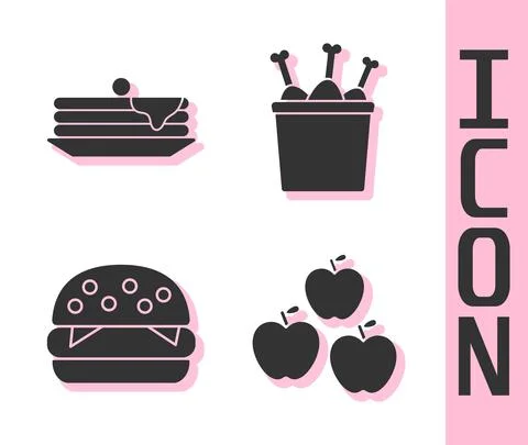 Set Apple, Stack of pancakes, Burger and Chicken leg in package box icon. Vector イラスト素材