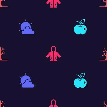 Set Apple, Sun and cloud weather, Raincoat and Bare tree on seamless patter.. Stock Illustration