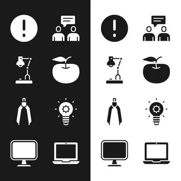 Set Apple, Table lamp, Speech bubble and Exclamation, Two sitting men talking Illustrazione stock