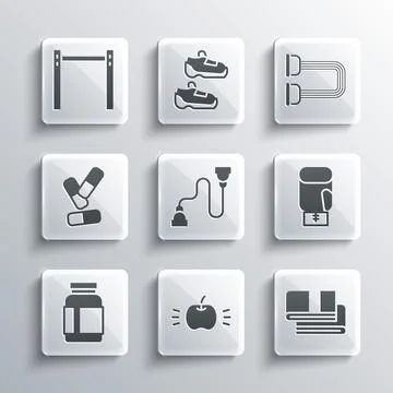 Set Apple, Towel stack, Boxing glove, Chest expander, Sports nutrition, Vitamin 库存插图