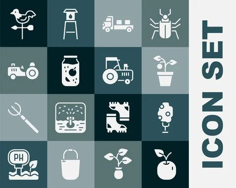 Set Apple, Tree with apple, Plant in pot, Pickup truck, Jam jar, Tractor Illustrazione stock
