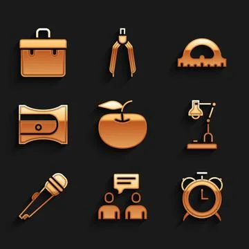 Set Apple, Two sitting men talking, Alarm clock, Table lamp, Microphone, Pe.. Illustrazione stock