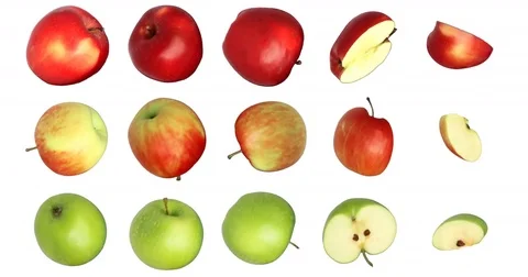 Set of apples of different colors, halves, and pieces. Apples are natural. Alpha Stock Footage 73367066